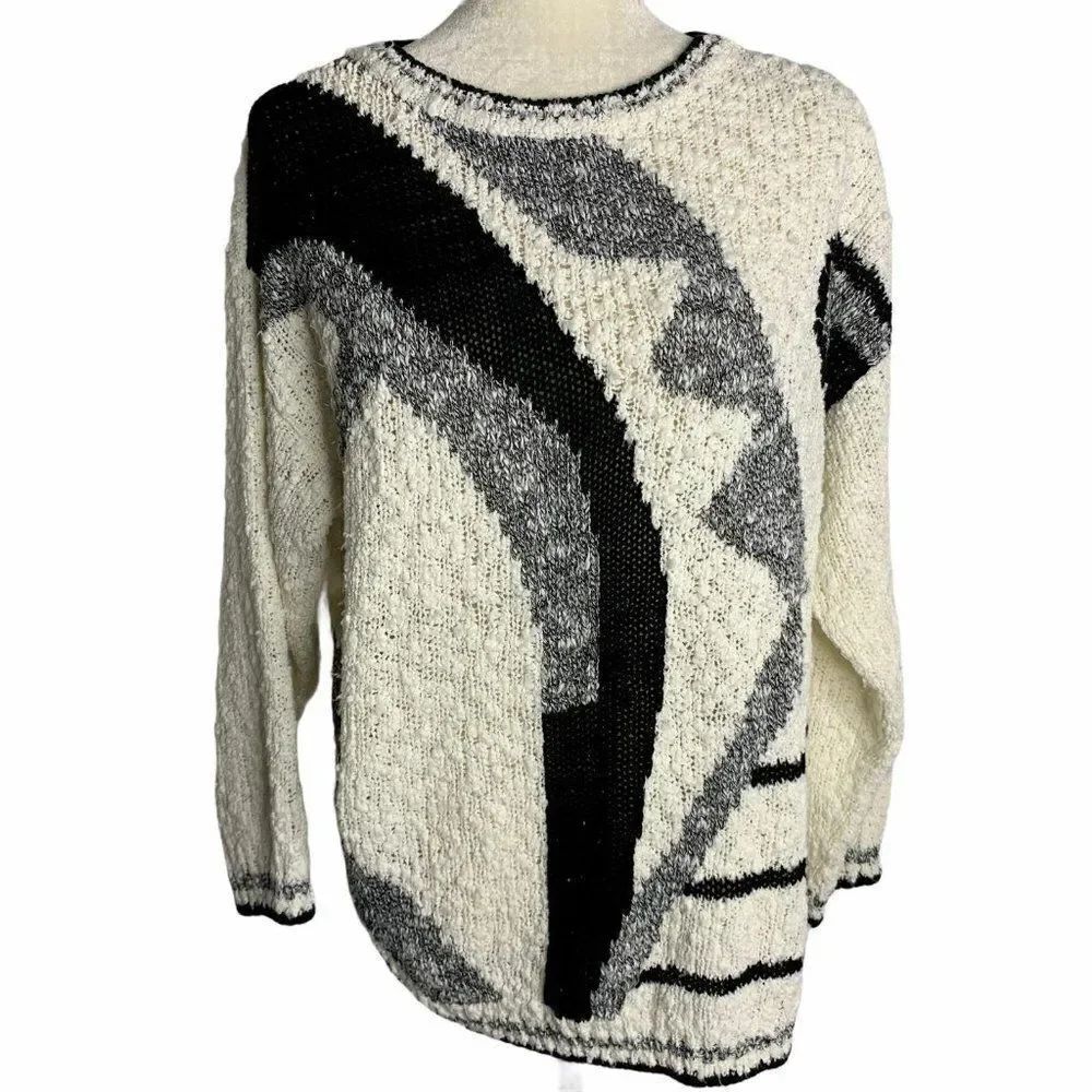 Vintage Chunky Open Knit Sweater M Black White